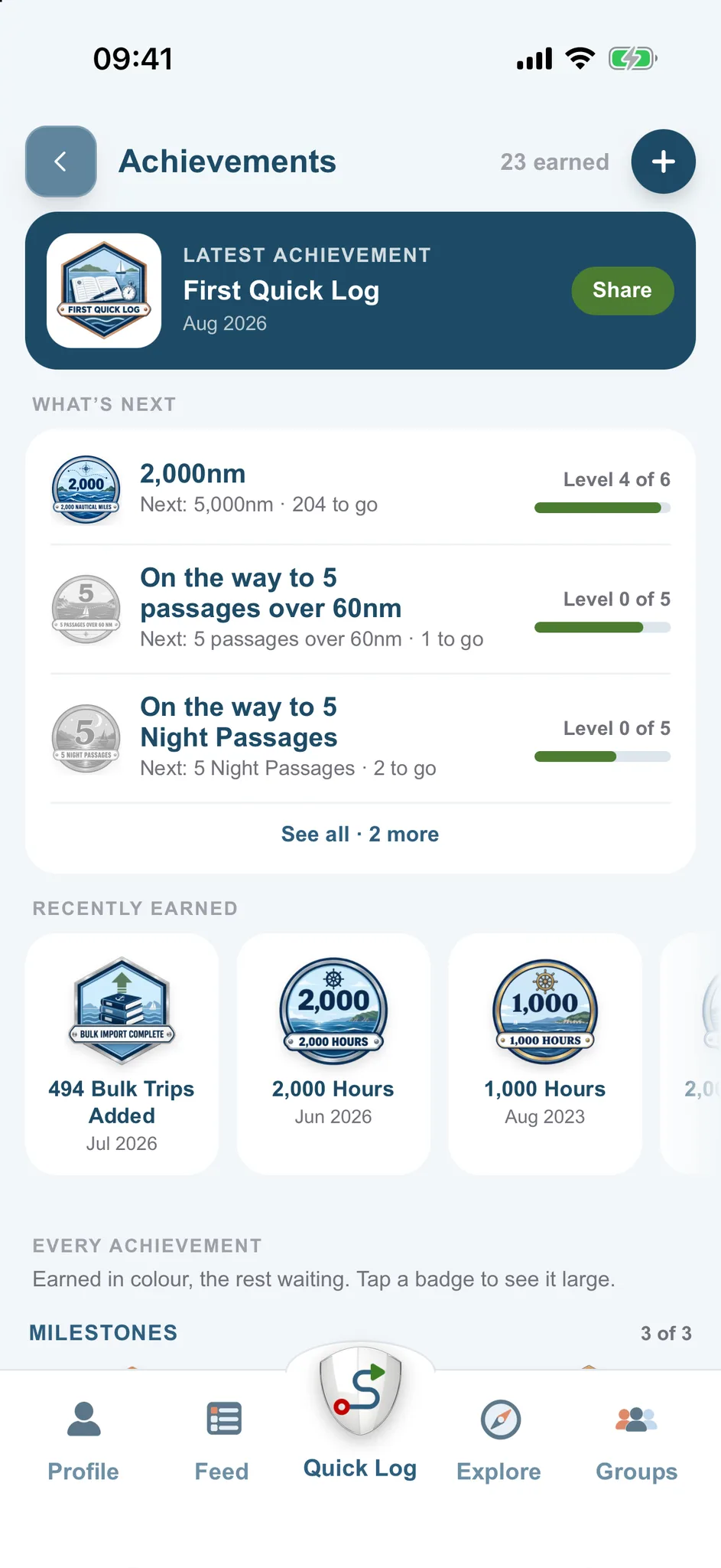 Achievements: what's next within reach and recently earned