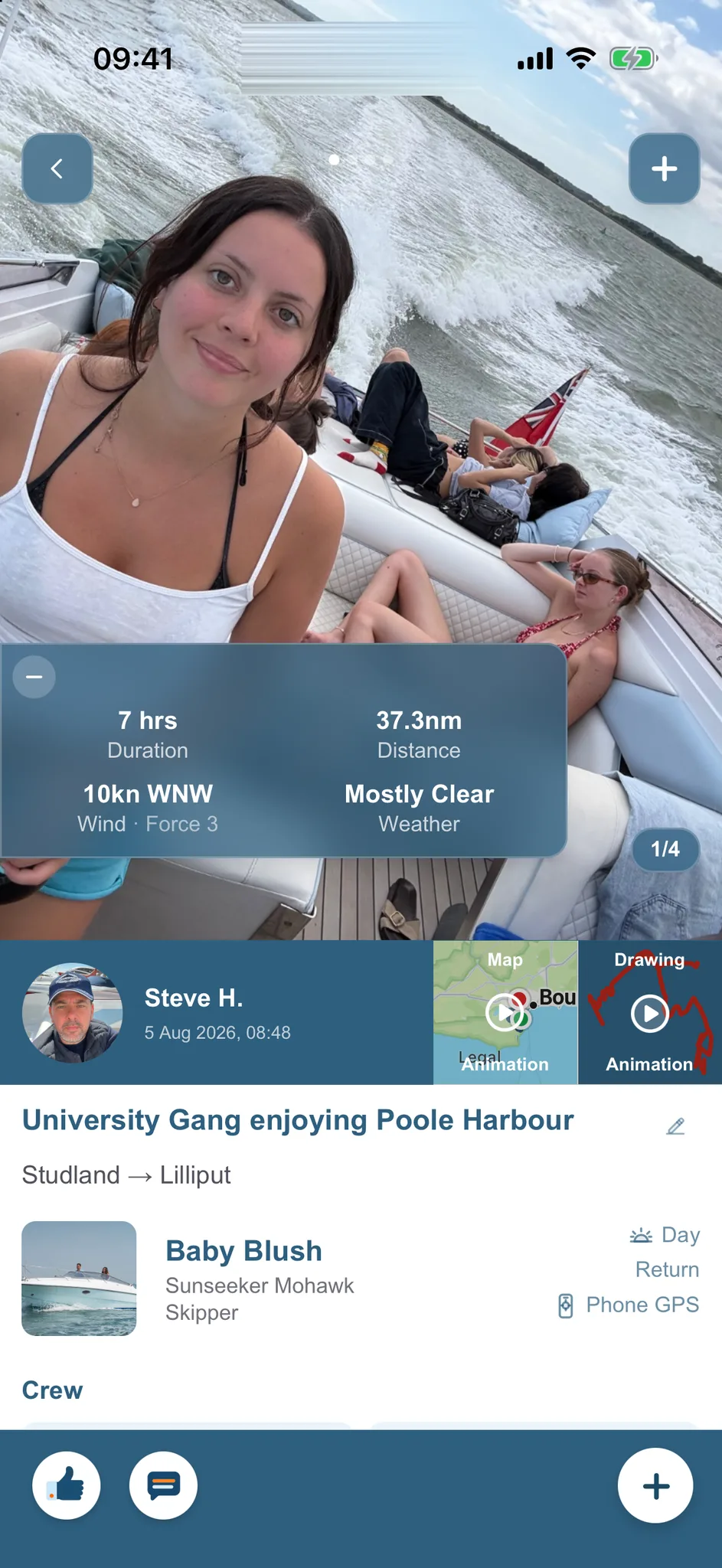 A shared trip in the Feed with photos, stats and the crew aboard