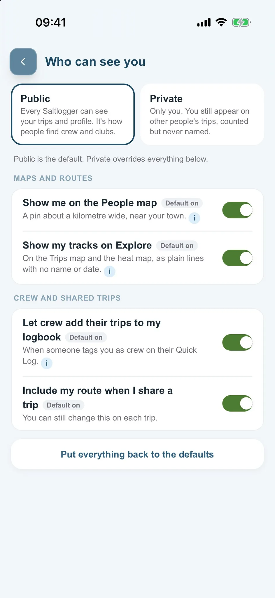 Who can see you: Public or Private, with separate switches for maps, routes and crew
